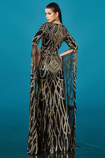 Long Sleeve Mermaid Sequin Black Golden Formal Dress